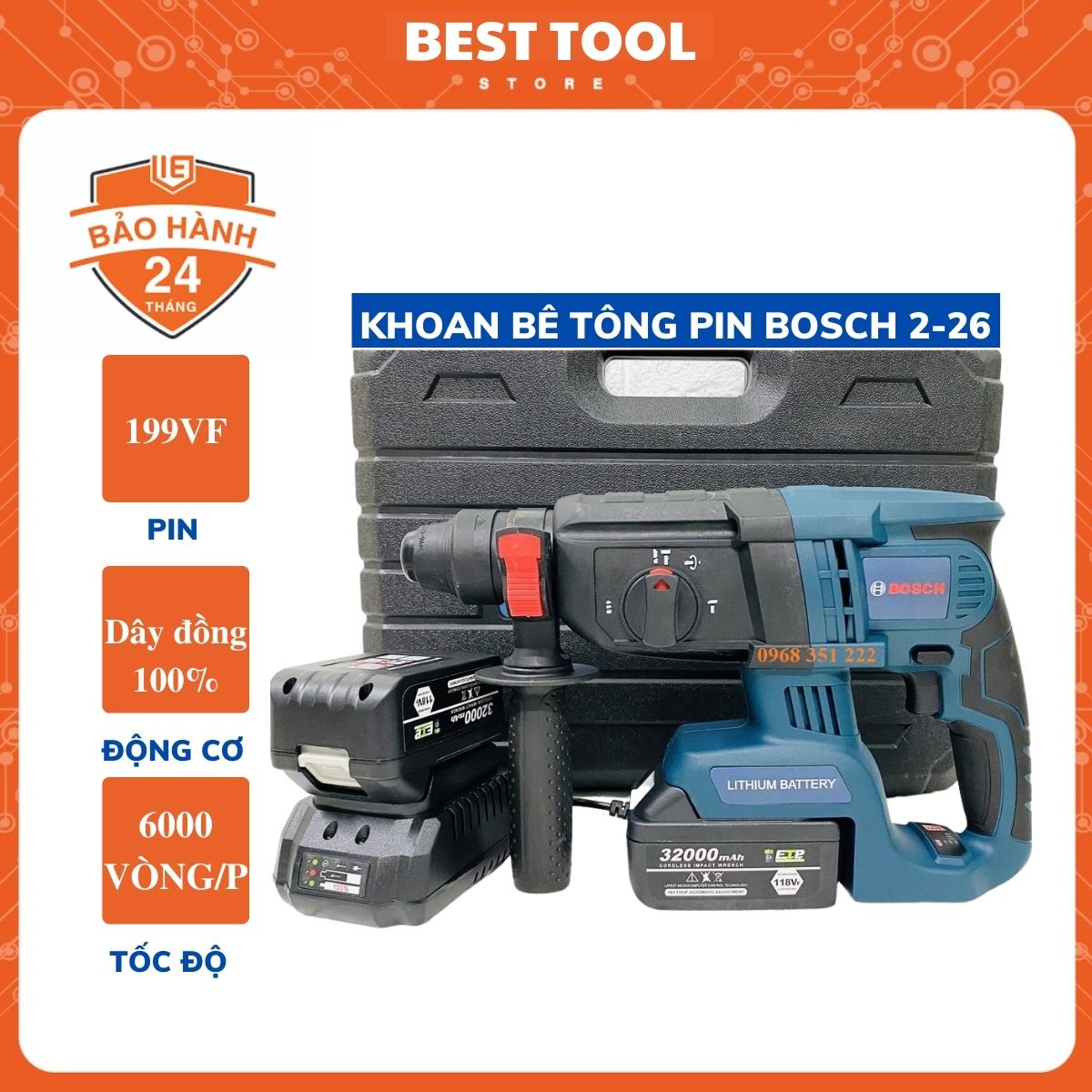 Máy khoan bê tông pin bosh - Máy đục bê tông tặng kèm 2 pin khủng 10 cell chiến đấu mọi công trình