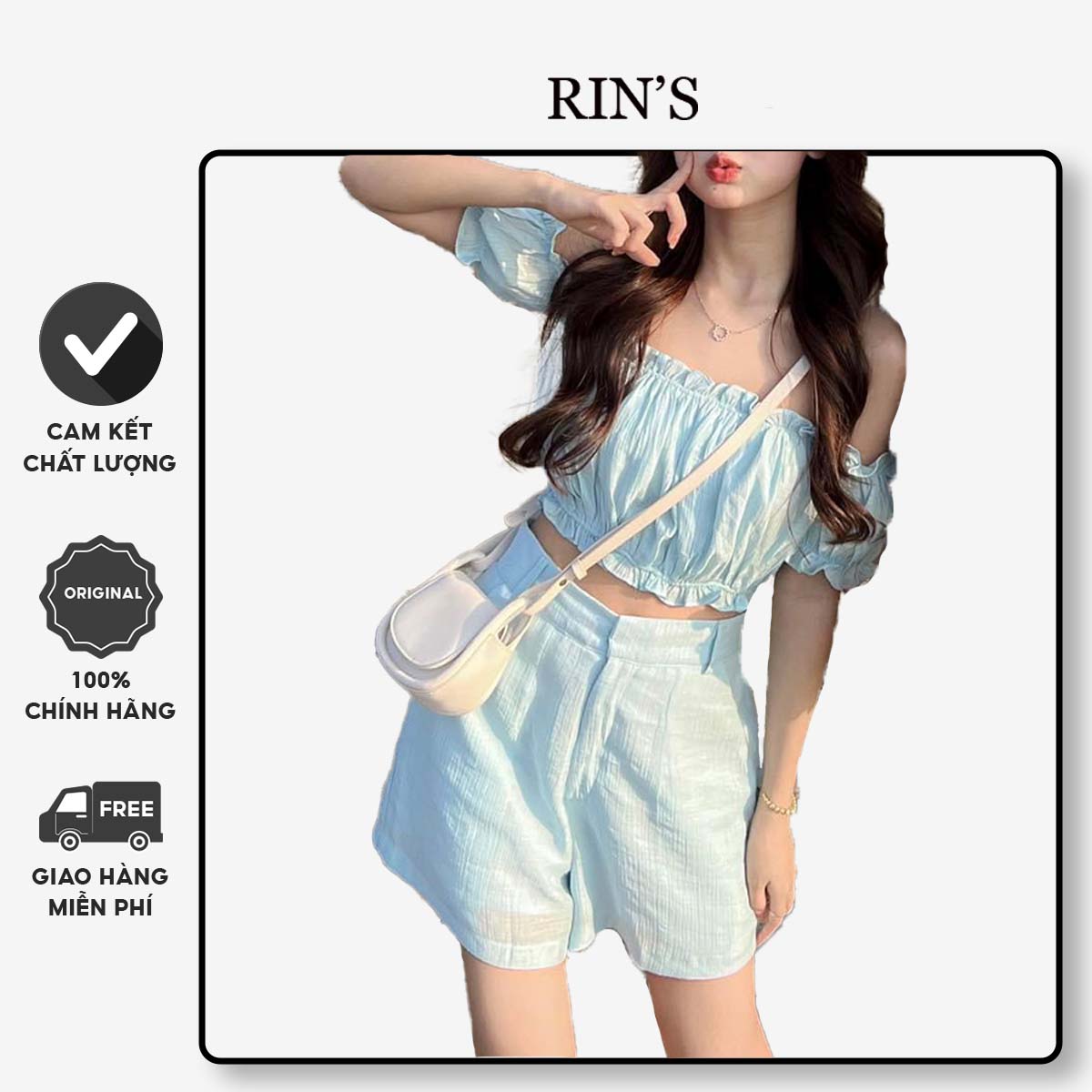 RIN'S - Set bộ đồ nữ áo croptop trễ vai và quần short chất lụa vân thời trang mùa hè