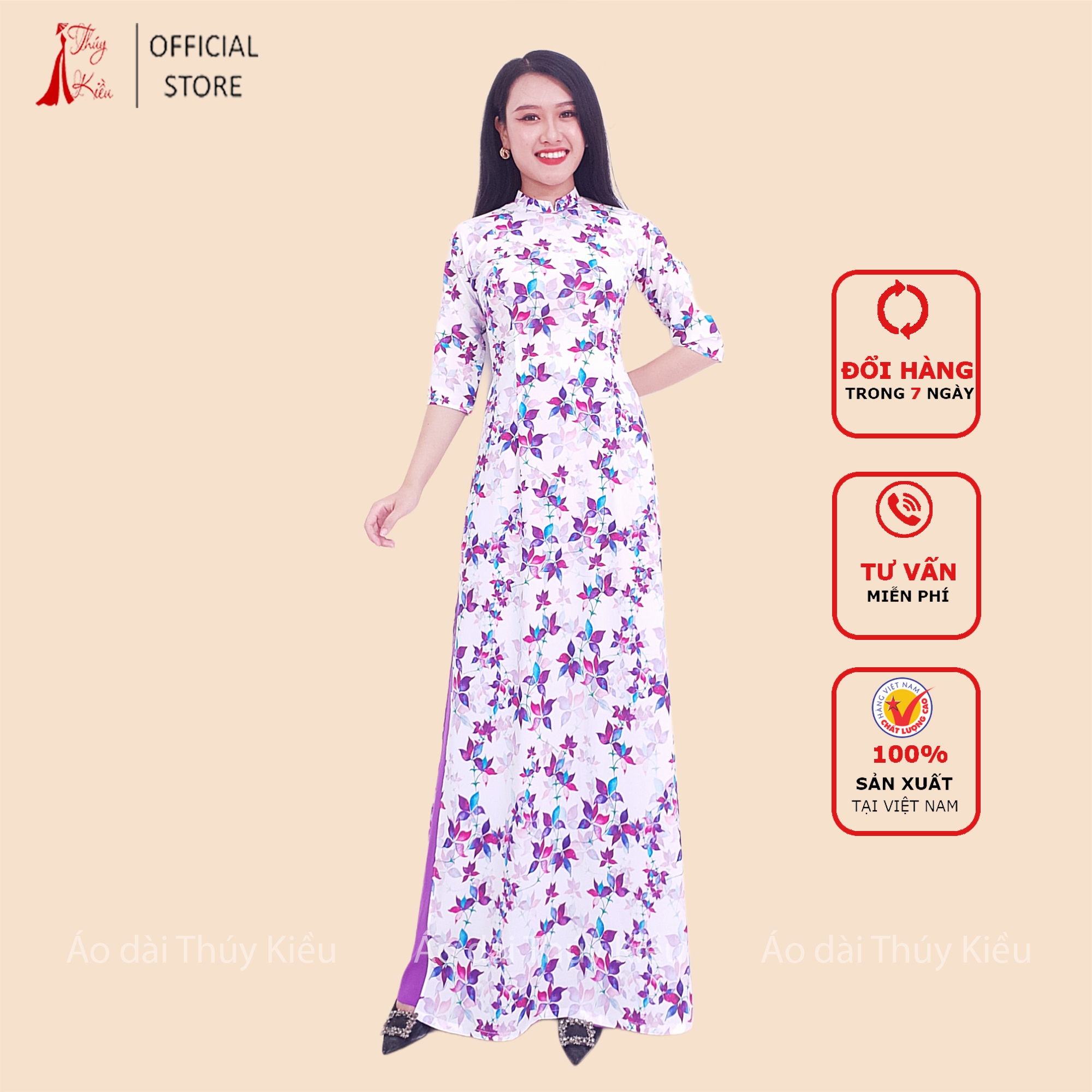Áo dài in 3d lụa nhật nền trắng lá tím hn08 ❤️freeship❤️ mềm mại, co giãn, thấm hút mồ hôi, áo dài truyền thống, áo dài giá rẻ