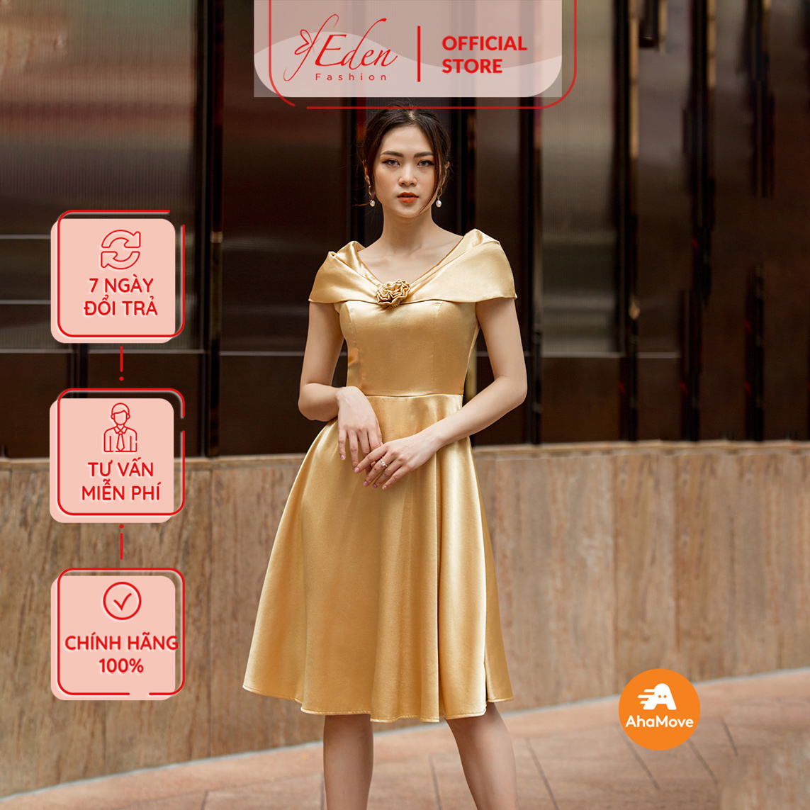 Đầm dự tiệc nữ thiết kế thời trang Eden dáng xòe bẹt vai phối hoa 2 Lớp sang trọng - D428