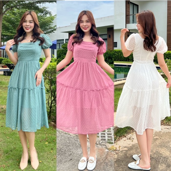 Đầm xòe cổ vuông voan bi xếp ly ngực - MS0228
