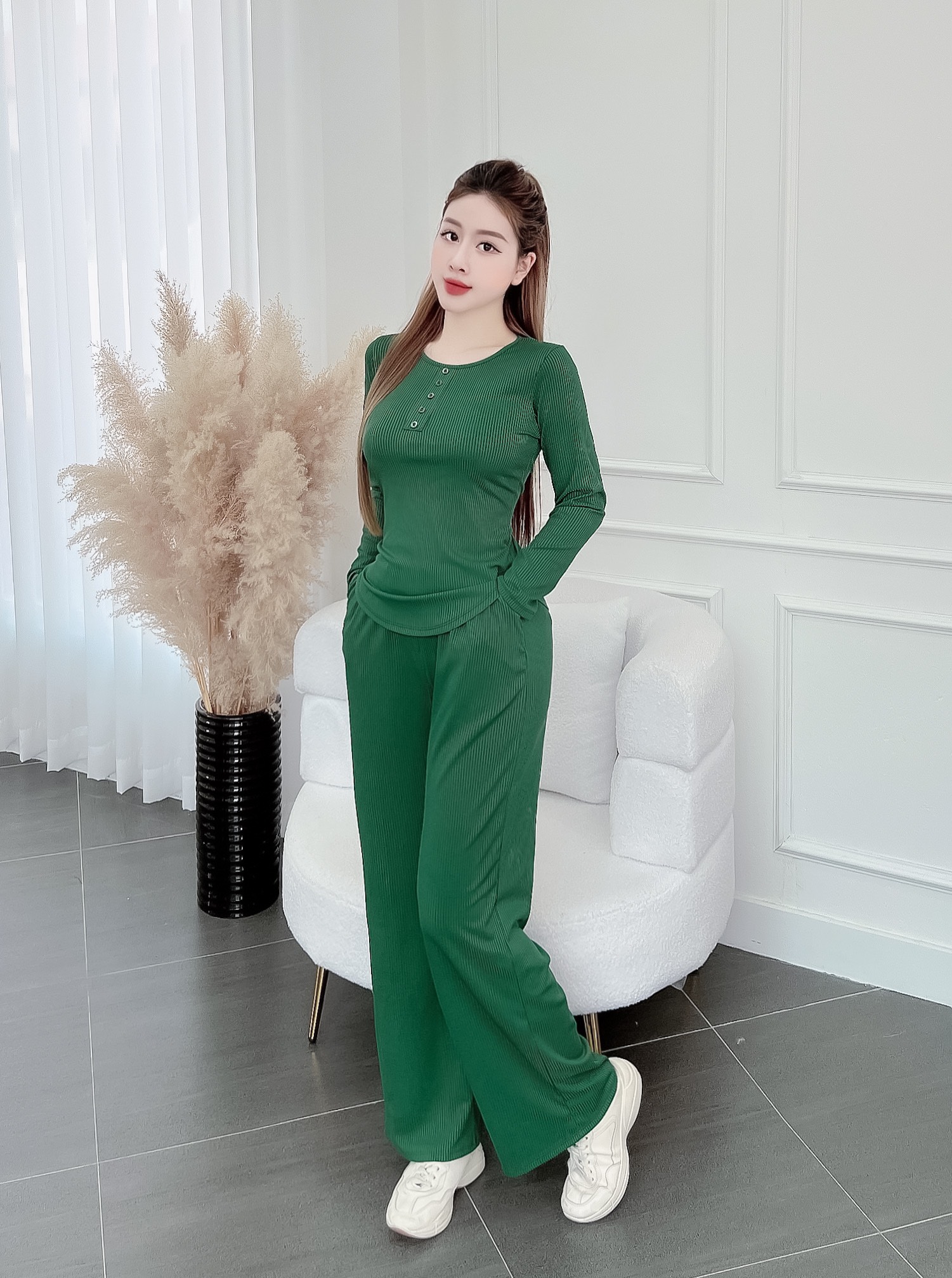 Set đồ bộ nữ thun gân quần dài ống suông siêu xinh