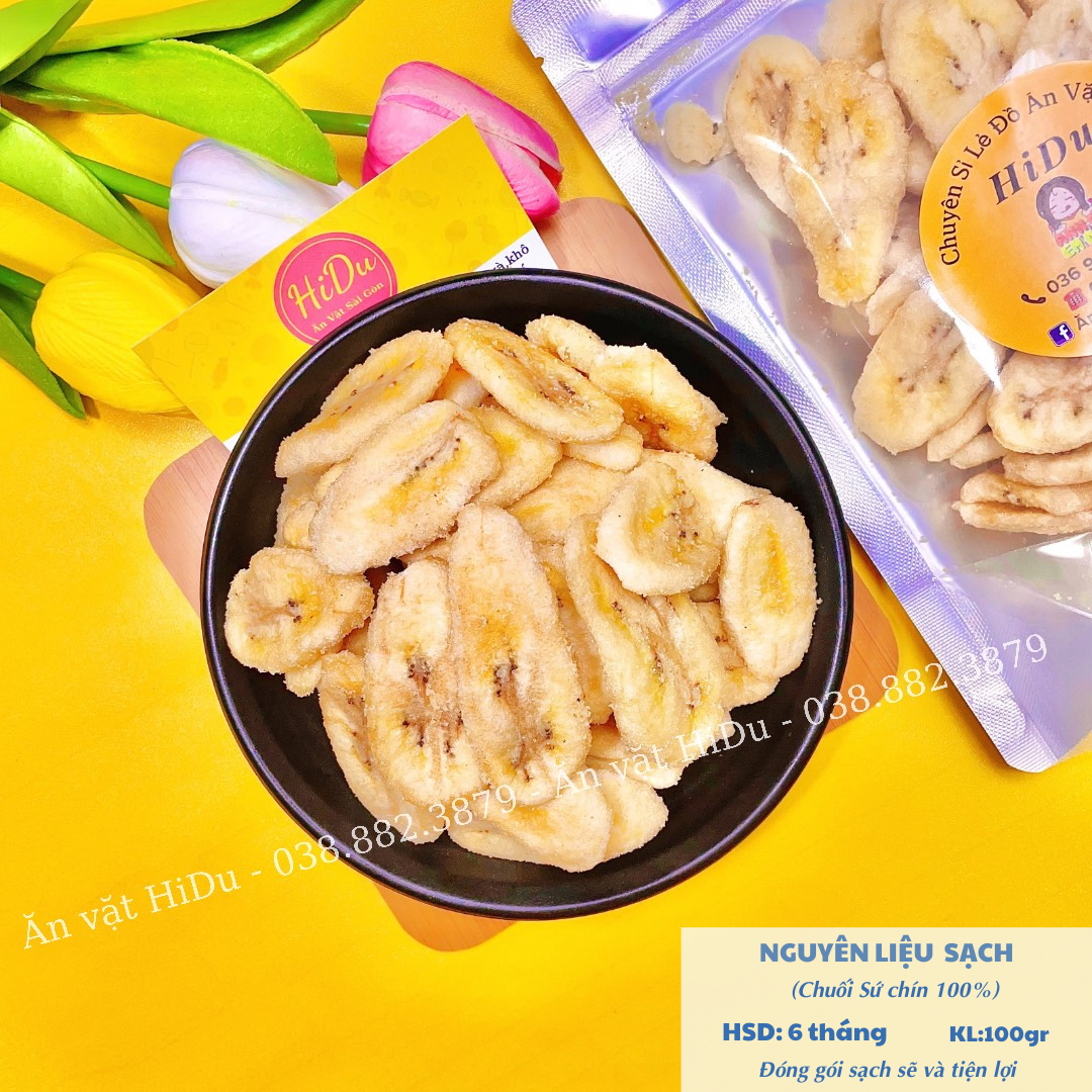 Chuối sấy không đường khô giòn loại ngon giảm cân 100gr Ăn Vặt HiDu siêu ngon giá rẻ