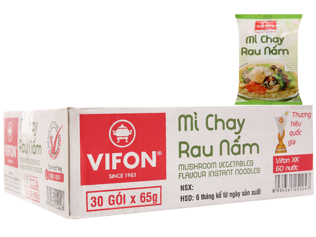 Thùng 30 gói mì chay Vifon vị rau nấm 65g
