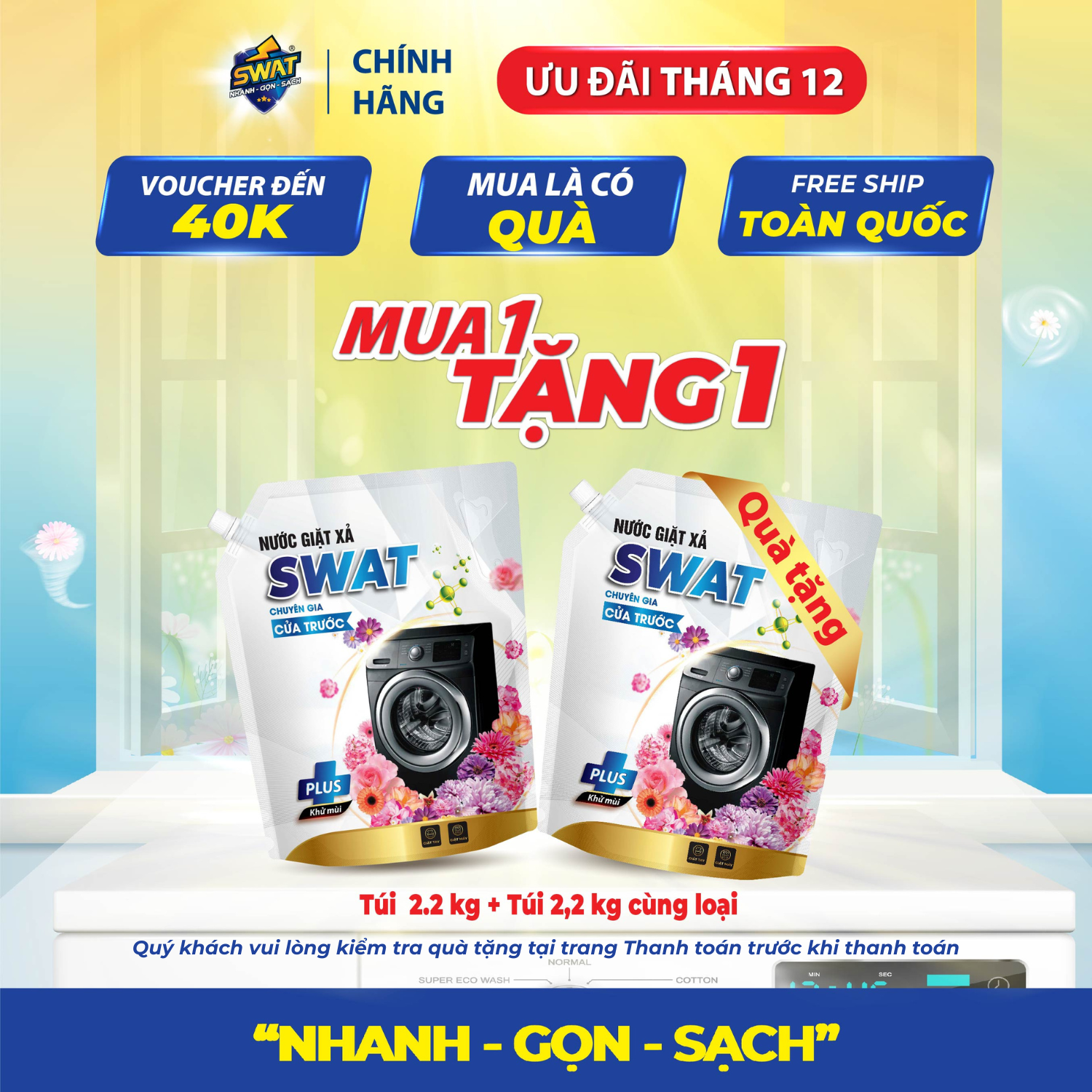   MUA 1 TẶNG 1  Túi Nước Giặt Xả Swat 5in1 Cửa Trước 2.2kg 
