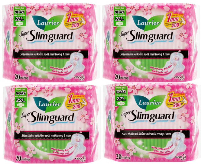 Combo 4 gói băng vệ sinh laurier super slimguard hoa anh đào siêu mỏng 1mm gói 20 miếng 22.5cm