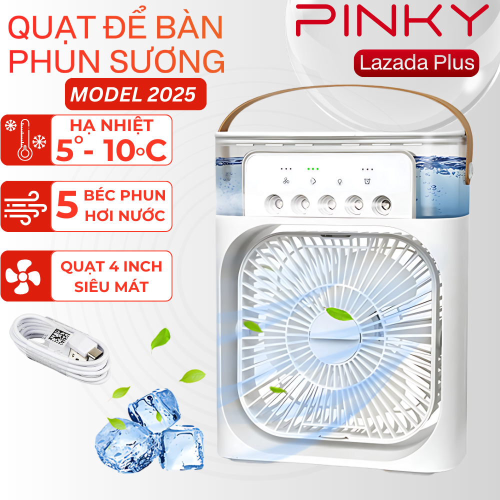 Quạt Điều Hòa Phun Sương Hơi Nước Để Bàn 600ML, Quạt Hơi Nước 3 Mức Gió 5 Vòi Phun Sương Siêu Mát Lạnh Tích Hợp Đèn LED Sử Dụng Cổng Sạc USB Tiện Dụng