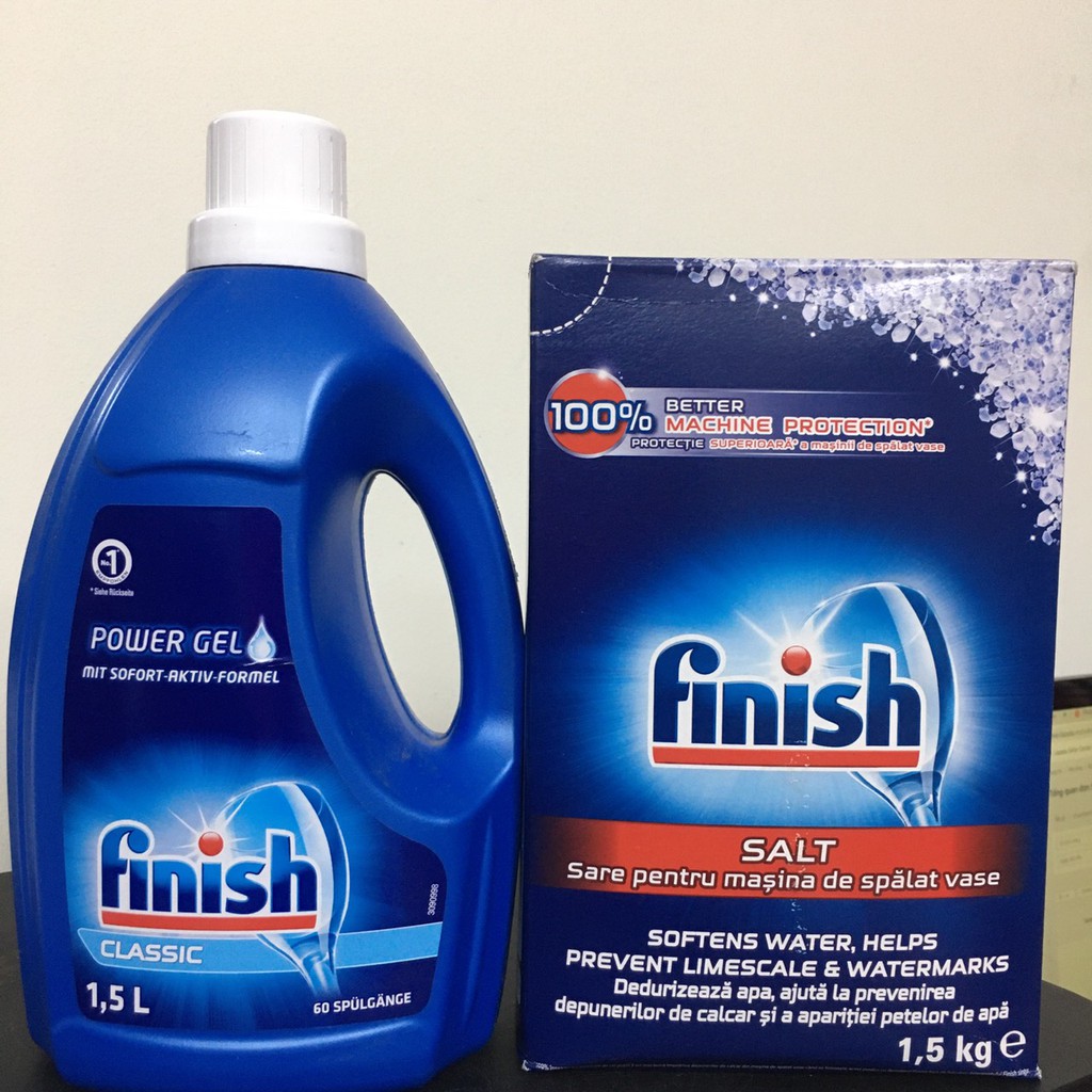 Combo Nước rửa bát Finish Gel 1.5L+ 1.2kg Muối rửa bát Finish Dùng cho máy rửa bát NK châu Âu