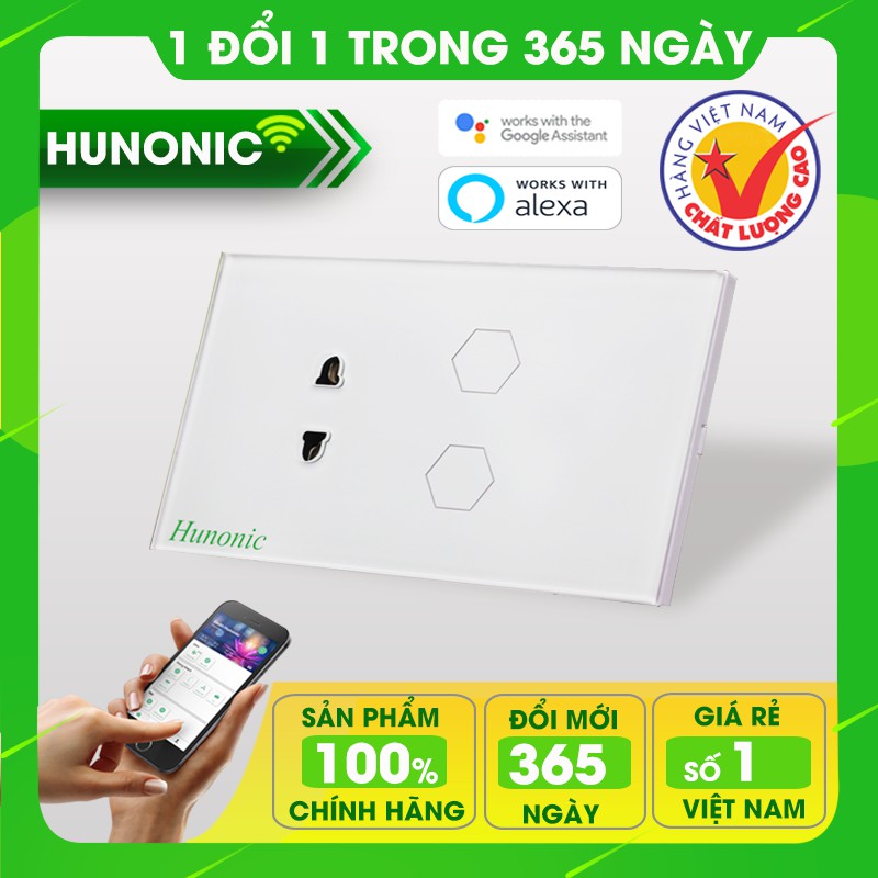Công tắc thông minh Hunonic 2 nút tích hợp ổ hỗ trợ Google Assistant . Công tắc cảm ứng WIFI kính cường lực- Công tắc điện 2 màu đen trắng | Hàng Việt Nam Chất Lượng Cao- BH 12 tháng