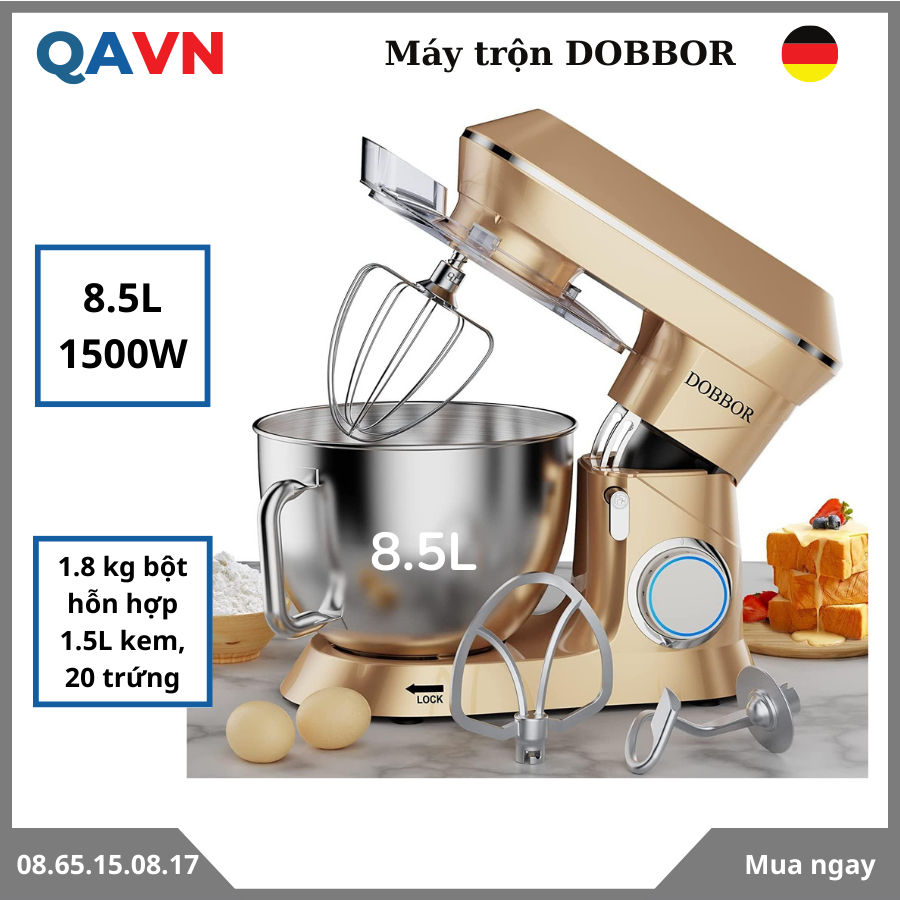 (Hàng UK,Đức) Máy  nhào bột DOBBOR/VEZZIO Bánh răng kim loại bền bỉ cao cấp trộn 1.2 Kg bột - Đánh trứng, trộn bột, trộn salad, quết chả  giò, trà bông - Hàng chính  hãng - BH 1 năm