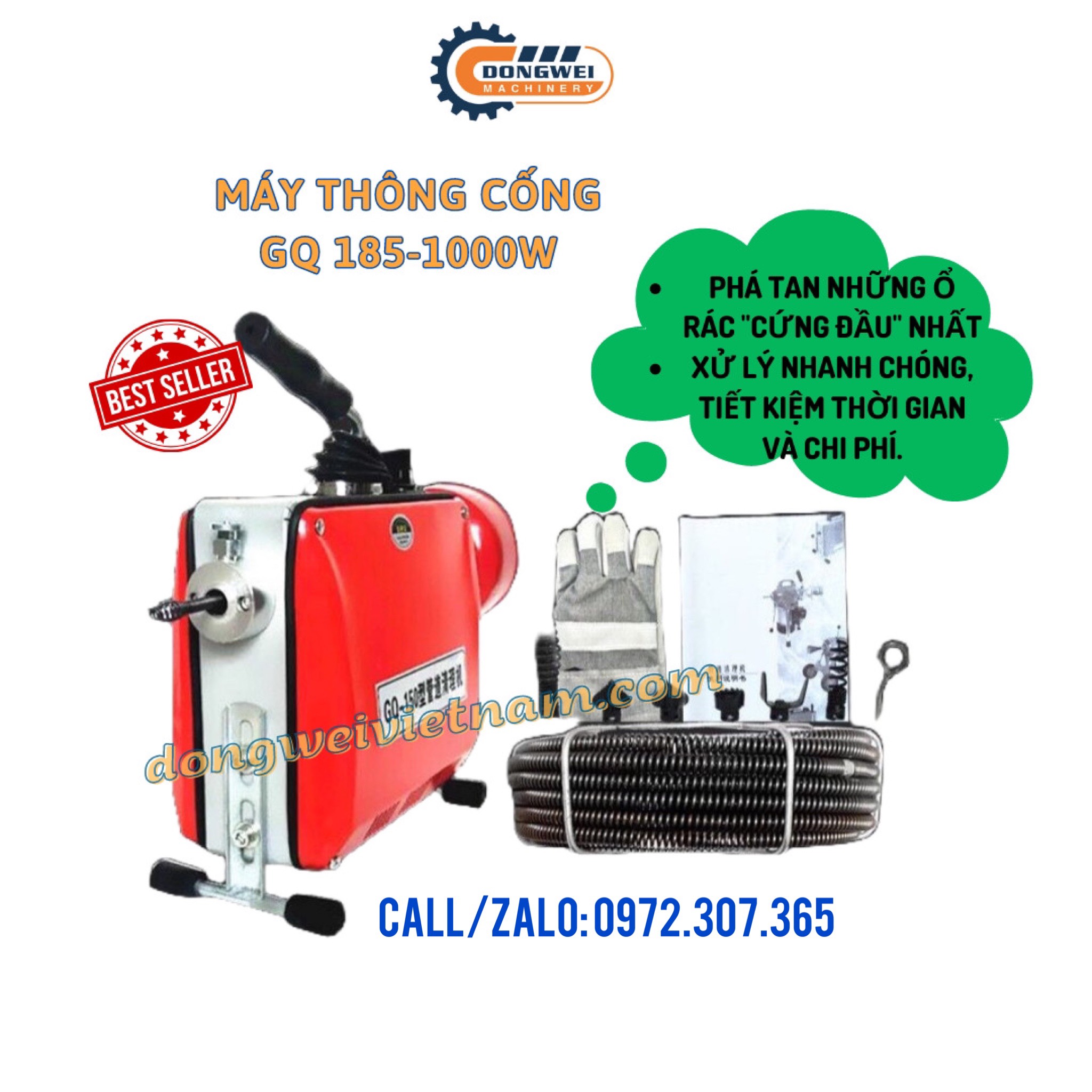 Máy thông tắc cống gq 185-1000w kèm 1 cuộn dây phi 16 + 1 bộ đầu thông + 1 quả lu phi 8 có sẵn 4,5m dây