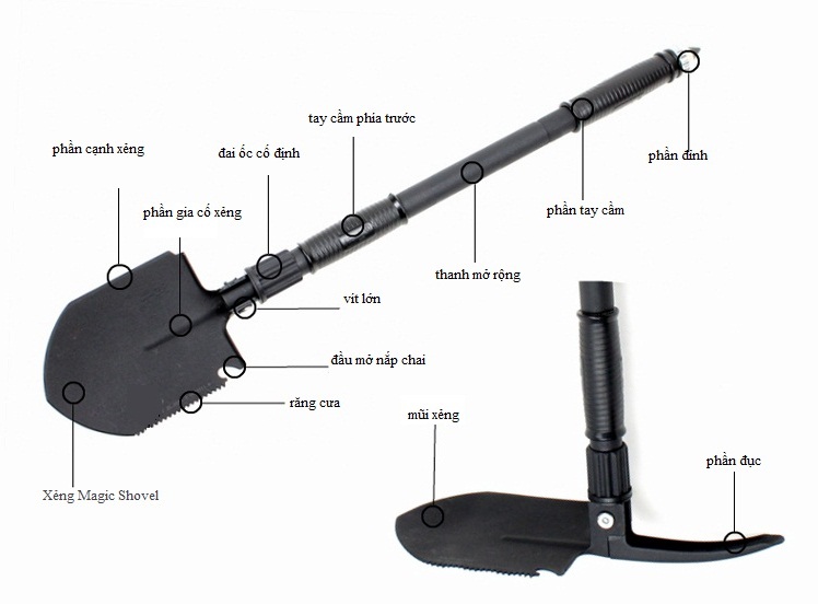Xẻng quân dụng đa năng tiện dụng có la bàn - xẻng đi phượt - xẻng làm vườn