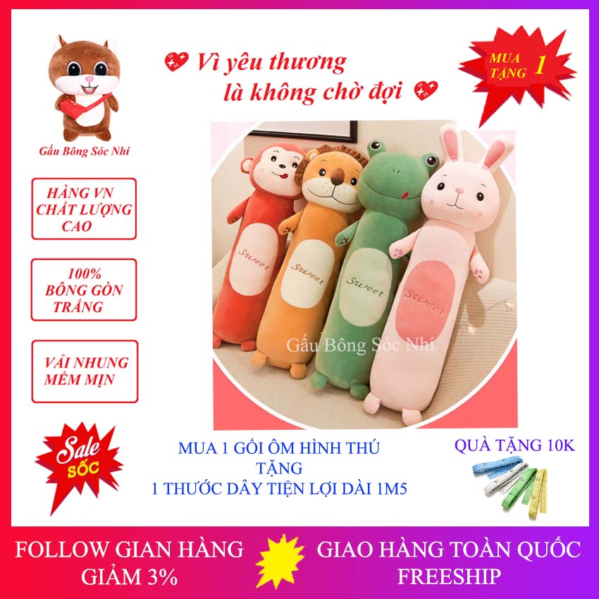 [Mua 1 Tặng 1] Gối Ôm Hinh Thú Đáng Yêu - Gấu Bông Sóc Nhí 07 - Gấu Bông Cao Cấp Vải Nhung Co Giãn 4 Chiều - Mua 1 Gối Ôm Hình Thú Dành Cho Bé Tặng 1 Thước Dây Tiện Lợi Dài 1m5