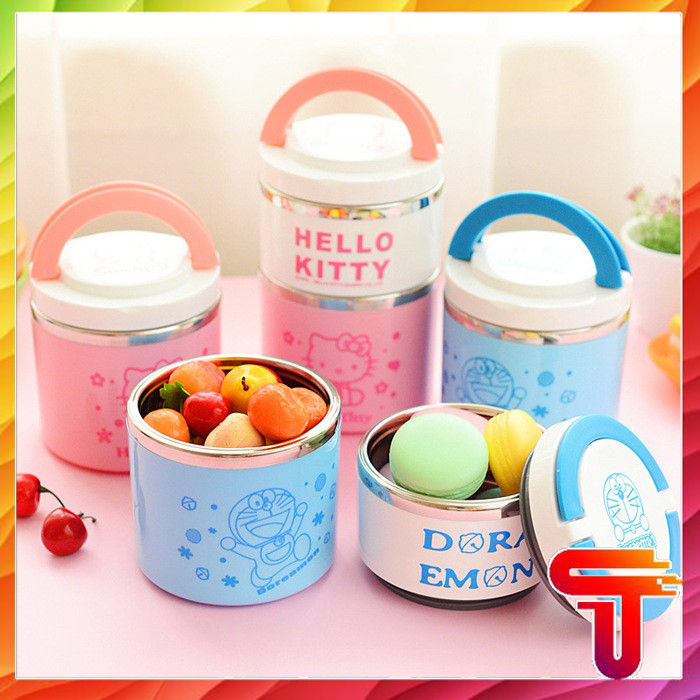 Cặp lồng cơm giữ nhiệt 2 tầng Hello Kitty và Dremon. Hộp Cơm Giữ Nhiệt 2 Tầng Hình Thú Ngộ Nghĩnh