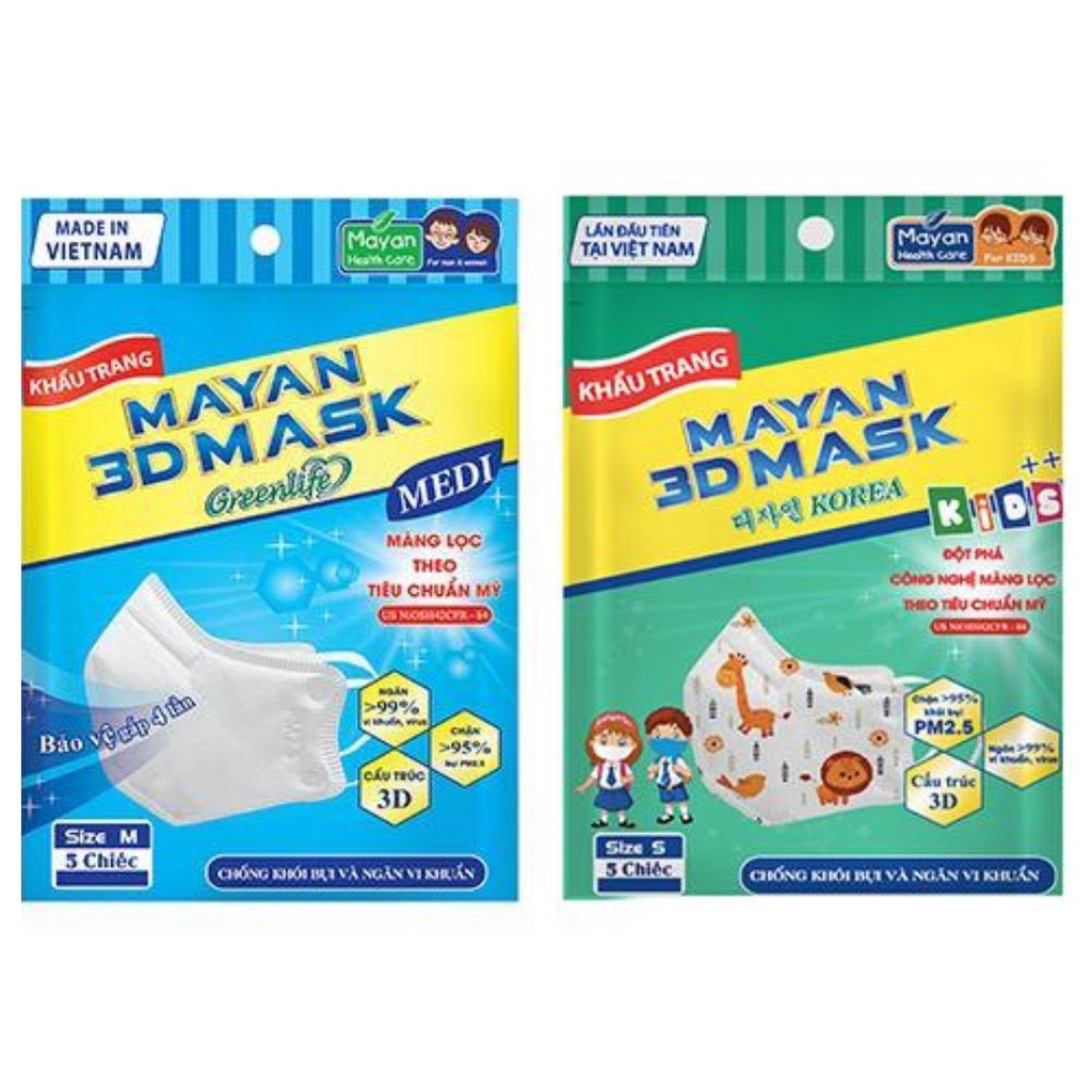 Khẩu trang Mayan 3D màng lọc N95 người lớn & trẻ em gói 5 cái