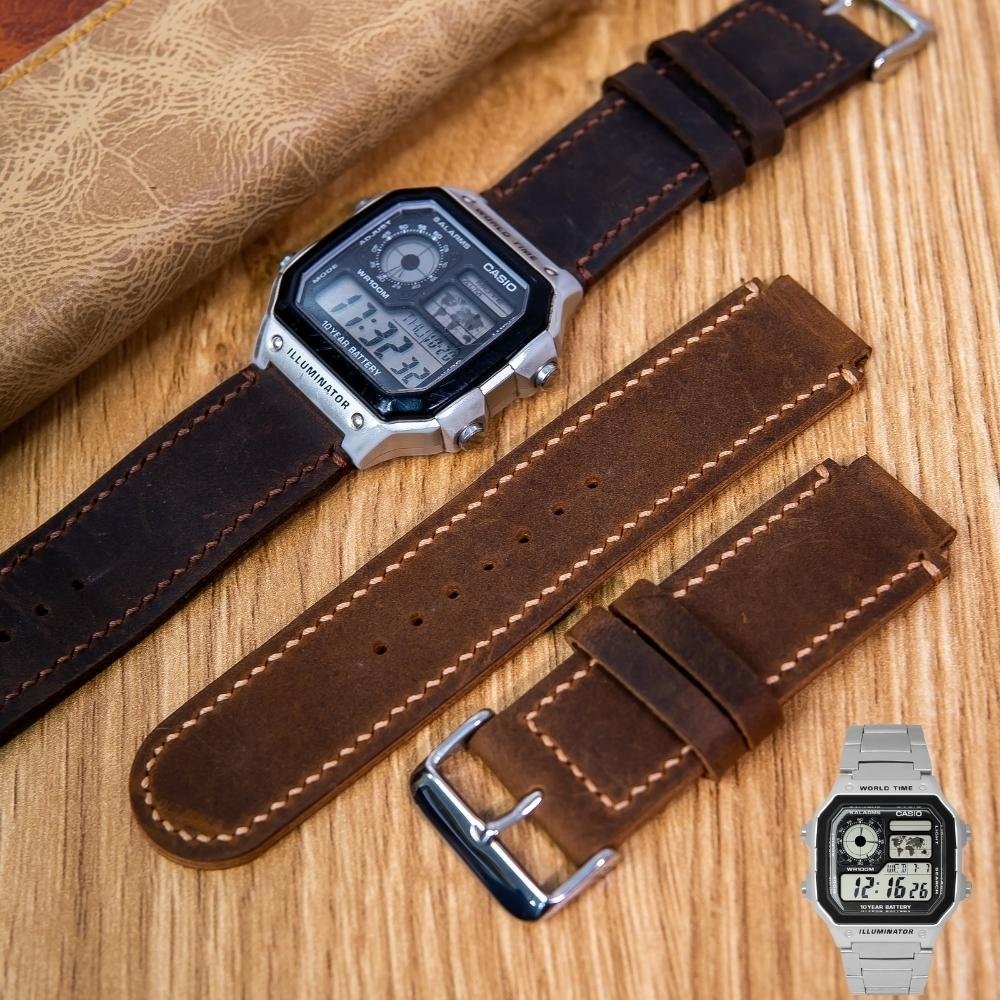 Dây đồng hồ da bò sáp cho casio ae1200 whd - seiko quân đội 18mm fullbox vnstrap d2