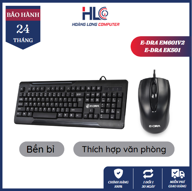 Bộ bàn phím chuột E-Dra - Combo bàn phím và chuột văn phòng giá rẻ, thiết kế đơn giản, bền bỉ - Bảo hành 24 tháng - HLC GAMING