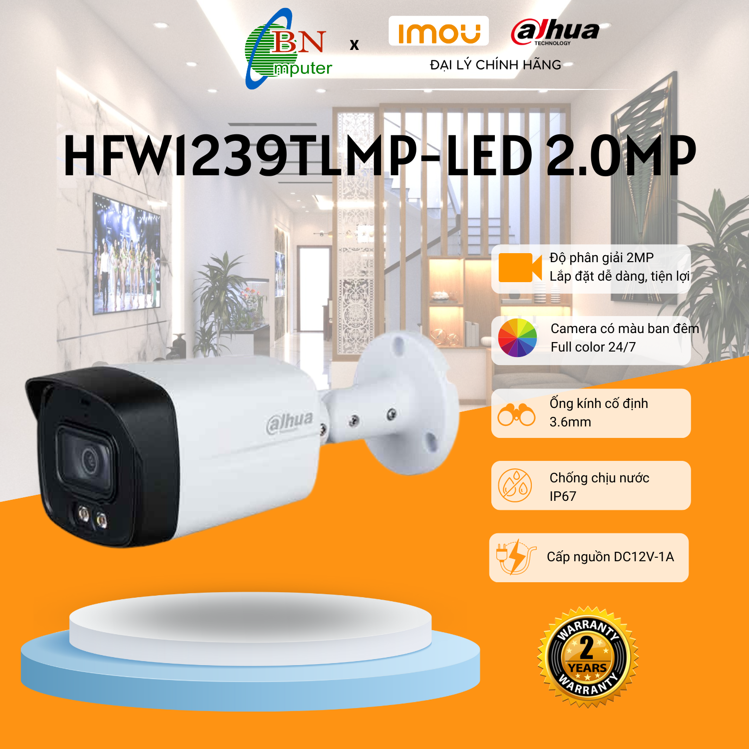 Camera quan sát HDCVI HAC-HFW 1239TLMP-LED, có màu ban đêm, 2.0Megapixels, bảo hành 24 tháng