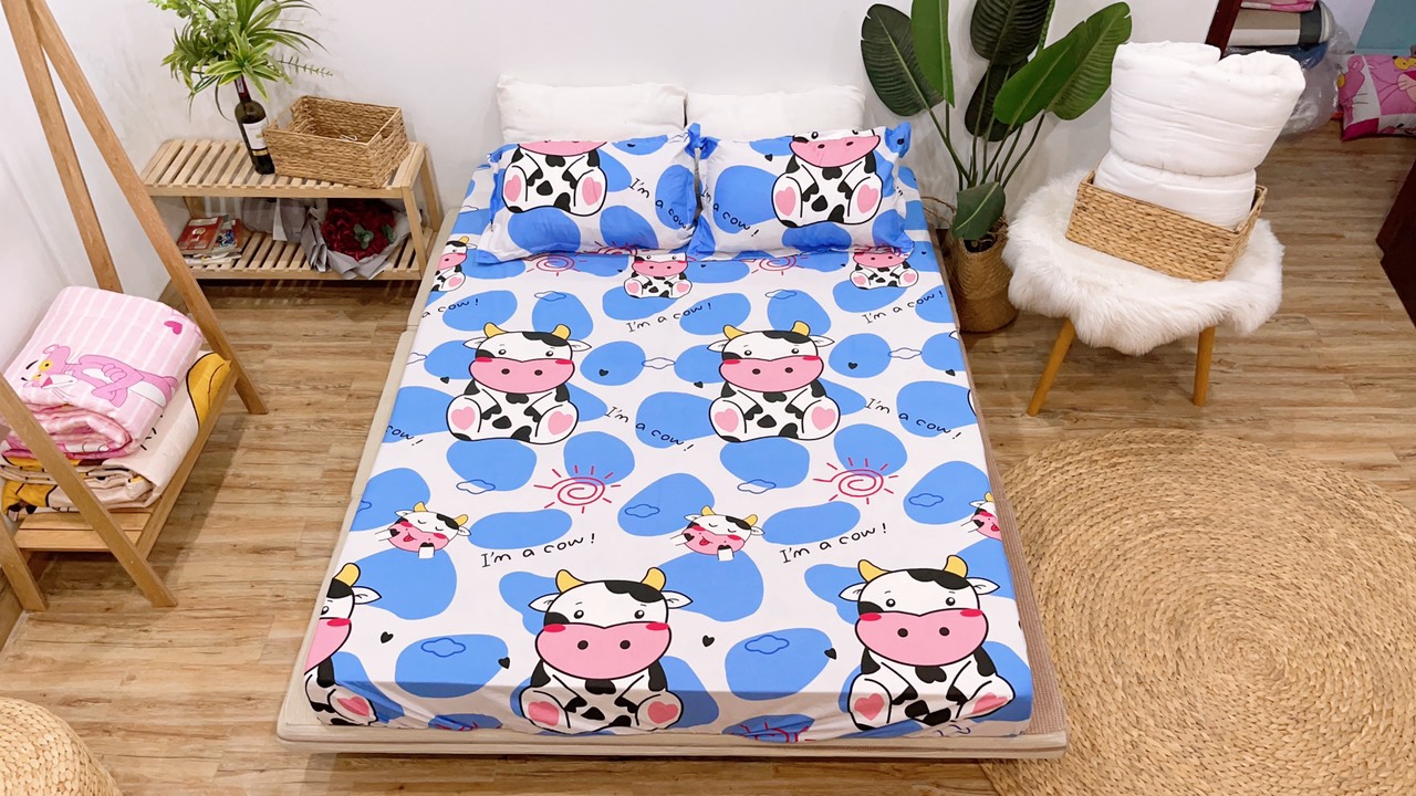 Set ga gối siêu cute mẫu bò sữa chấm xanh p56