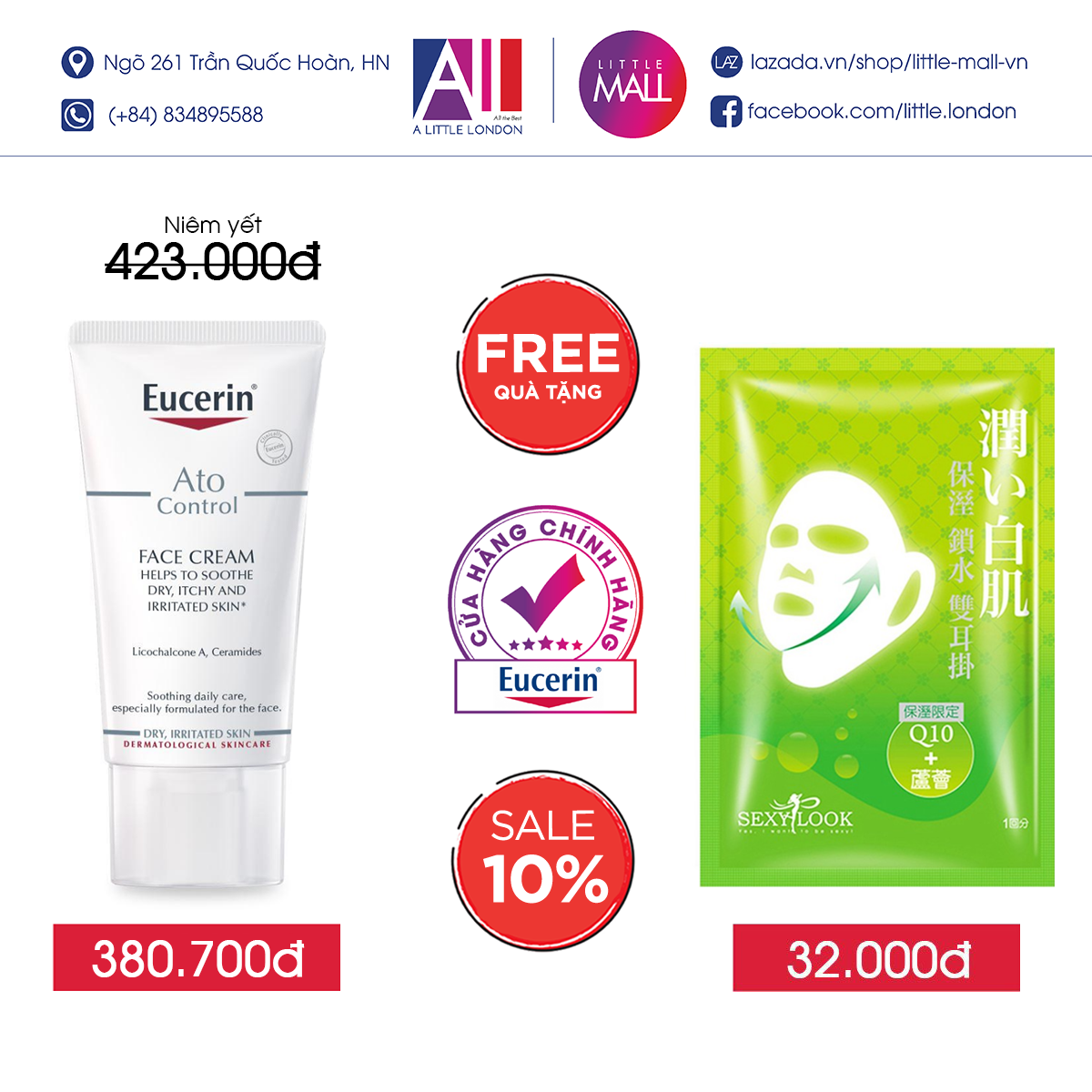 Kem dưỡng ẩm Eucerin ato control face cream 50ml TẶNG mặt nạ Sexylook