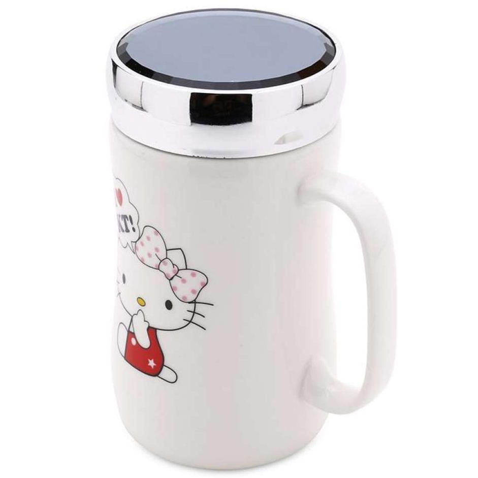 Cốc sứ giữ nhiệt 400ml có nắp đậy soi gương họa tiết dễ thương – Ly sứ giữ nhiệt quai cầm cách nhiệt an toàn tiện dụng cho bé và gia đình
