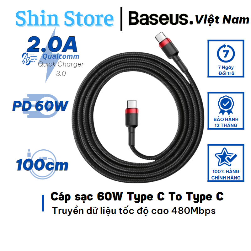 Cáp sạc nhanh baseus pd 2.0 60w type c, sạc nhanh 3.0 truyền dữ liệu tốc độ cao 480mbps -shinstore