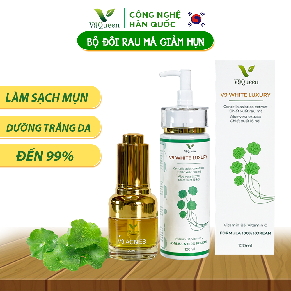 Combo Giảm Mụn V9Queen Gồm Sữa Rửa Mặt 120ml, Serum Rau Má 20ml, Giúp Sáng Da Mờ Thâm Mụn