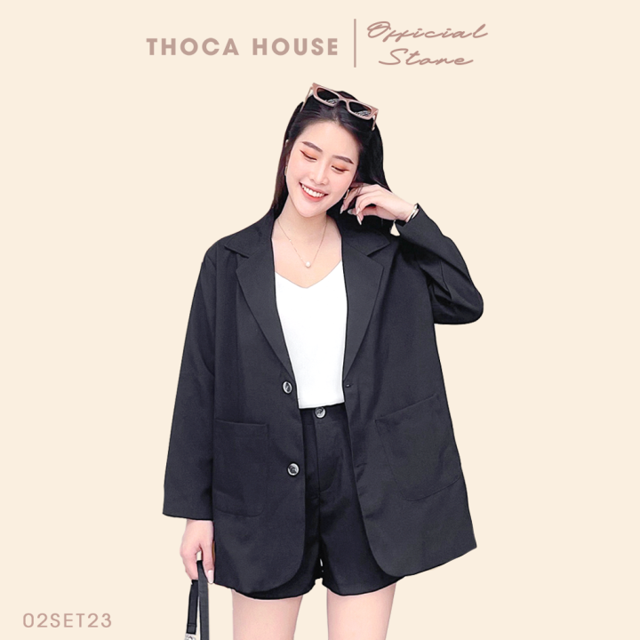 Set vest nữ - Áo blazer 2 lớp phối quần short lưng thun đen THOCA HOUSE có túi đi làm, đi học freesize dưới 56kg
