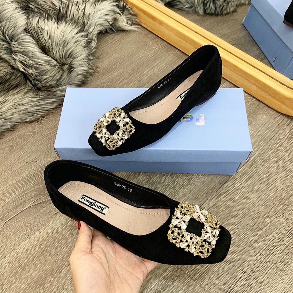 Giày búp bê thời trang nữ mũi vuông phối mặt đá