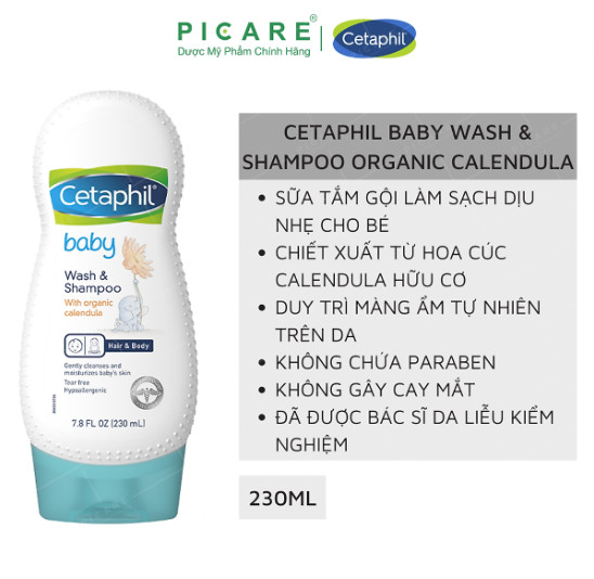[GIẢM 20K ĐƠN 399K] Cetaphil Sữa Tắm Gội Cho Bé Tinh Chất Hoa Cúc Baby Wash And Shampoo With Organic Celendula Hair & Body 230ml