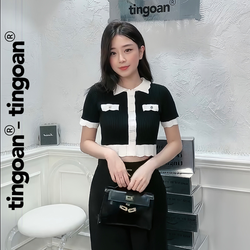 Tingoan® - áo len vân sợi nổi ngắn tay cổ đen viền trắng ella top/bl