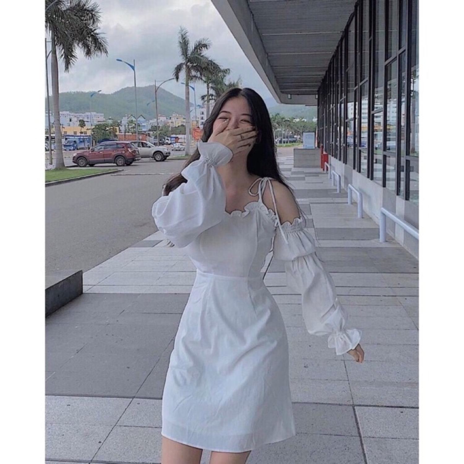 V022 Váy trắng hai dây buộc nơ hở vai viền bèo Đầm 2 dây tiểu thư dáng ngắn công chúa bánh bèo Ulzzang dự tiệc đám cưới