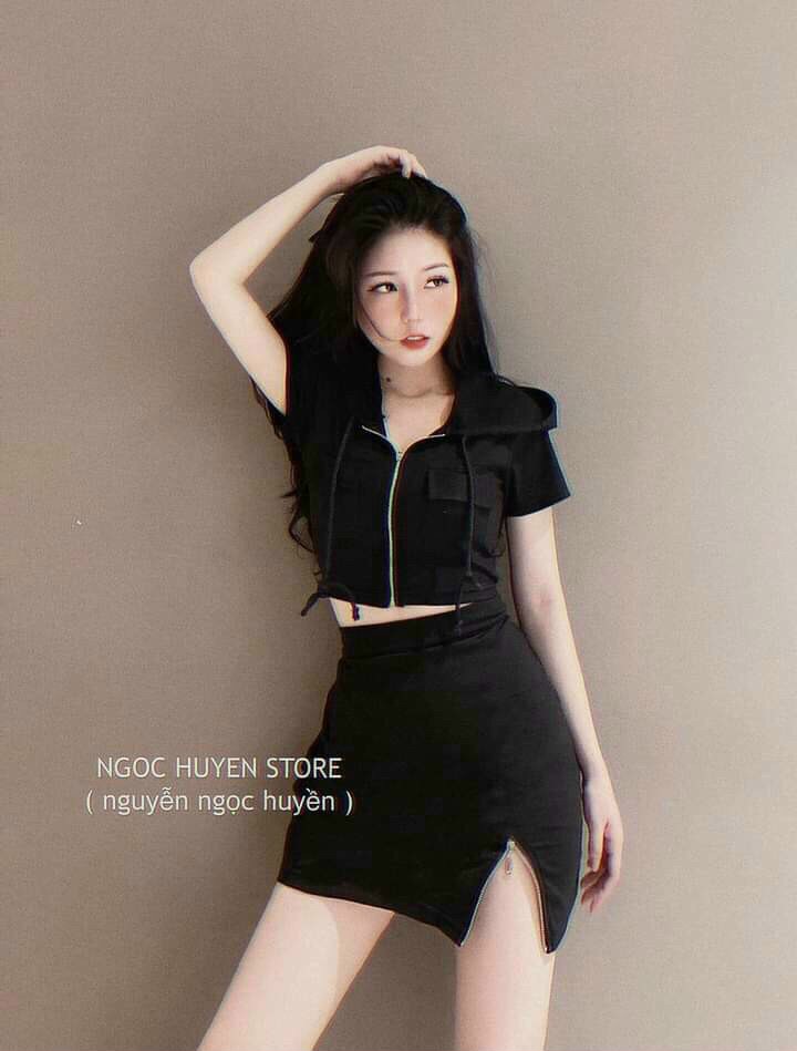 [HCM]Set áo croptop khóa kéo chân váy xẻ quyến rũ