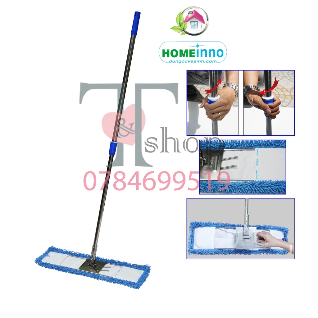 Cây lau nhà công nghiệp gọng inox microfiber san hô 60cm homeinno cán rút loại bẻ kích thước 85-150cm