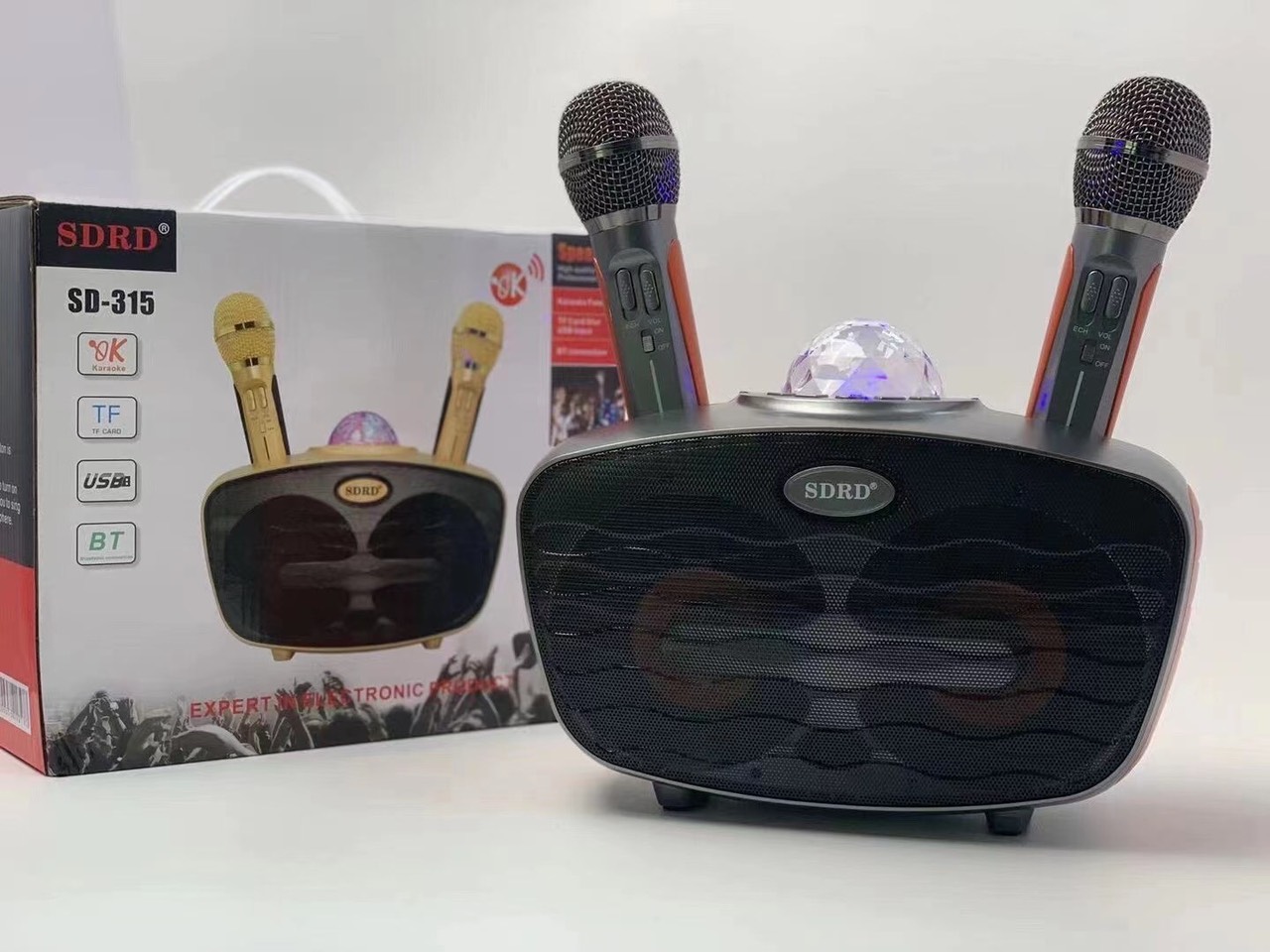 Loa bluetooth cầm tay mini , loa bluetooth hát karaoke siêu hay , loa bluetooth sdrd sd-315 + kèm 2 mic không dây , bass , treble , âm thanh sống động...