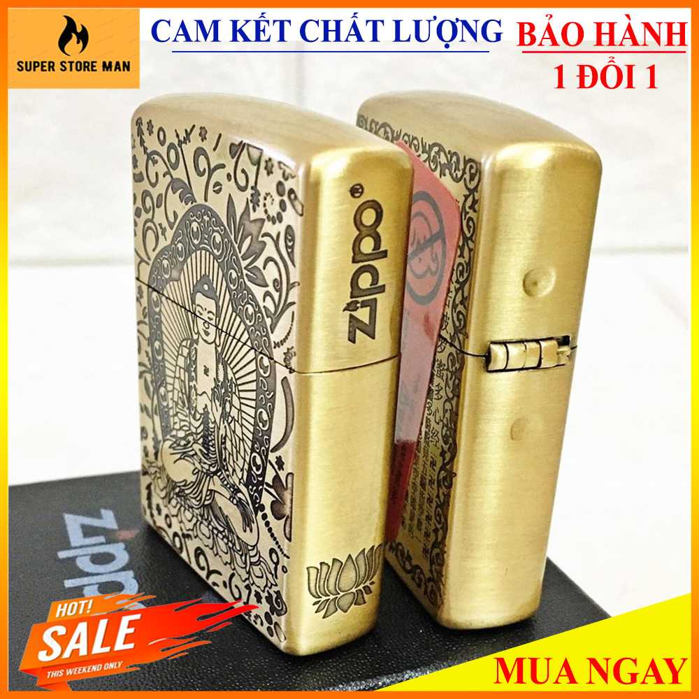 [HÀNG HIẾM Số Lượng Có Hạn] –  Bật Lửa, Hộp Quẹt Zippo Mỹ Ruột Vàng, Vỏ Đồng Cao Cấp – Có TEM Đỏ – Zippo Ruột Vàng, Vỏ Đồng Khắc Hình Phật – Hàng Xịn Full Box