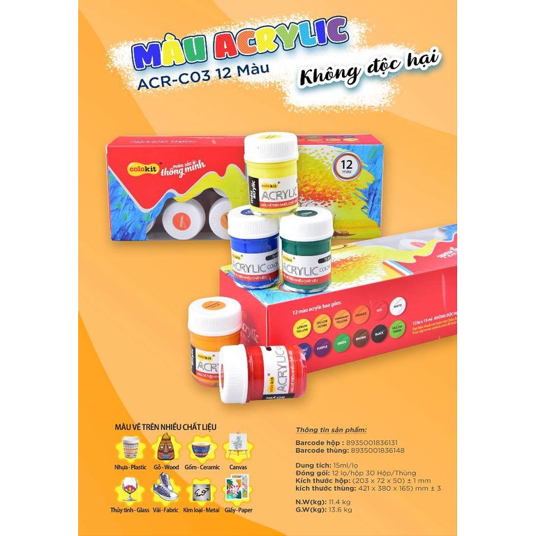 Màu Acrylic bộ 12 màu Colokit ACR-C03 vẽ được trên nhiều chất liệu cam kết hàng đúng mô tả chất lượng đảm bảo không chứa hóa chất độc hại an toàn cho trẻ em