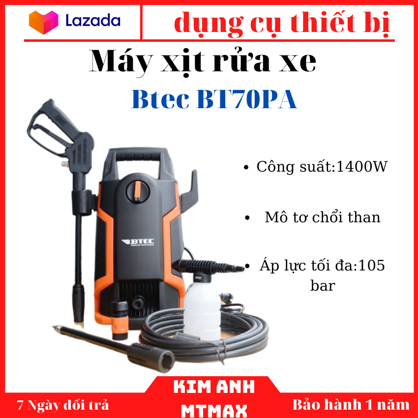 Máy xịt rửa xe Btec BT70PA Máy rửa xe gia đình may rua xe công suất mạnh, may rua xe mi ni có thể chỉnh áp, máy rửa xe áp lực cao máy xịt rữa xe dễ dàng sử dụng