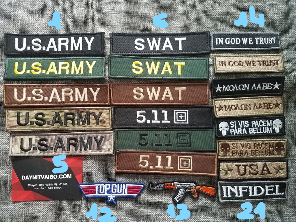 Miếng patch dán logo tem vải thêu US army Swat 511 trang trí balo 511, balo lính, áo lính