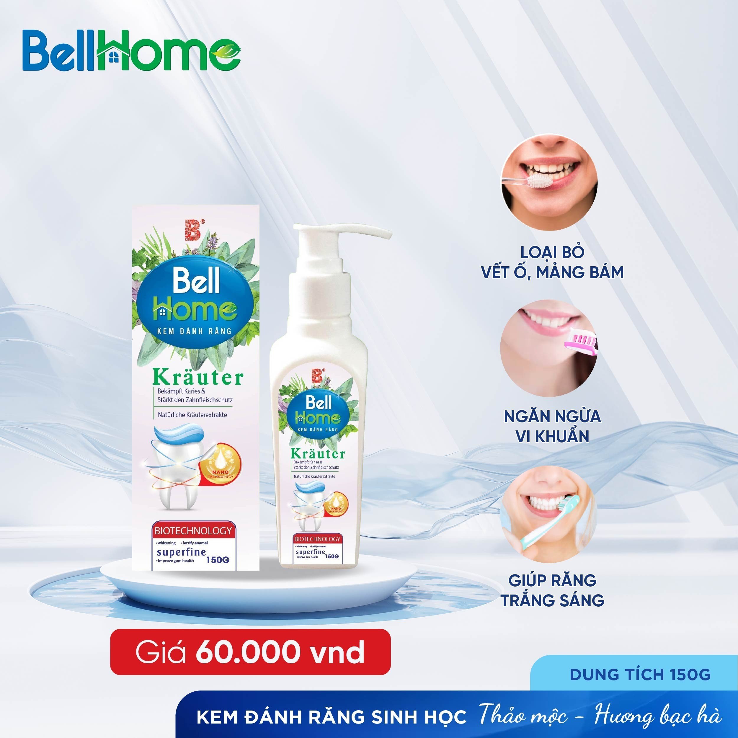 Kem Đánh Răng Công Nghệ Sinh Học Bell Home Thảo Mộc Hương Bạc Hà 150G