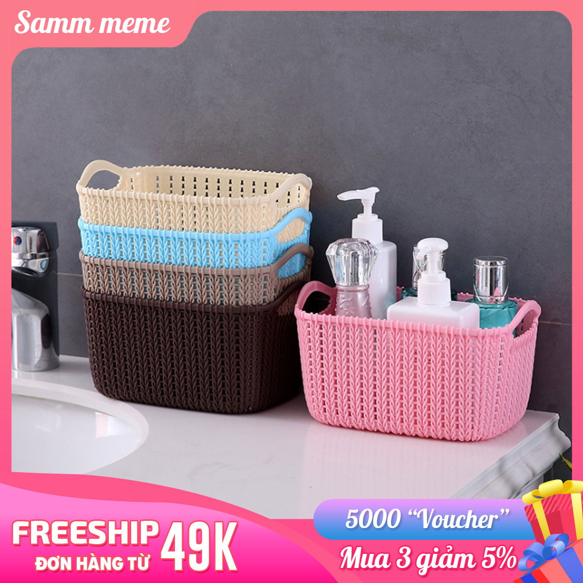 Rổ nhựa đựng đồ giả mây có quai cầm ,Kích thước lớn tiện lợi để đồ dùng nhà bếp và đồ cá nhân