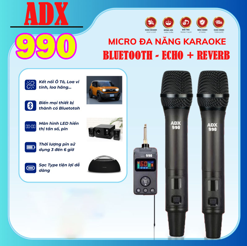 ( NEW 2025 ) Micro Đa Năng ADX 990 Micro Hát Karaoke Tích Hợp Bluetooth , Cho Ôtô, Loa Kéo ,Karaoke Gia Đình, ,Tích Hợp Chỉnh Vang Số Có Echo Reverb ,Chống Hú , Hát Cực Nhẹ, Tiếng Sáng , Sóng UHF Xa Ổn Định