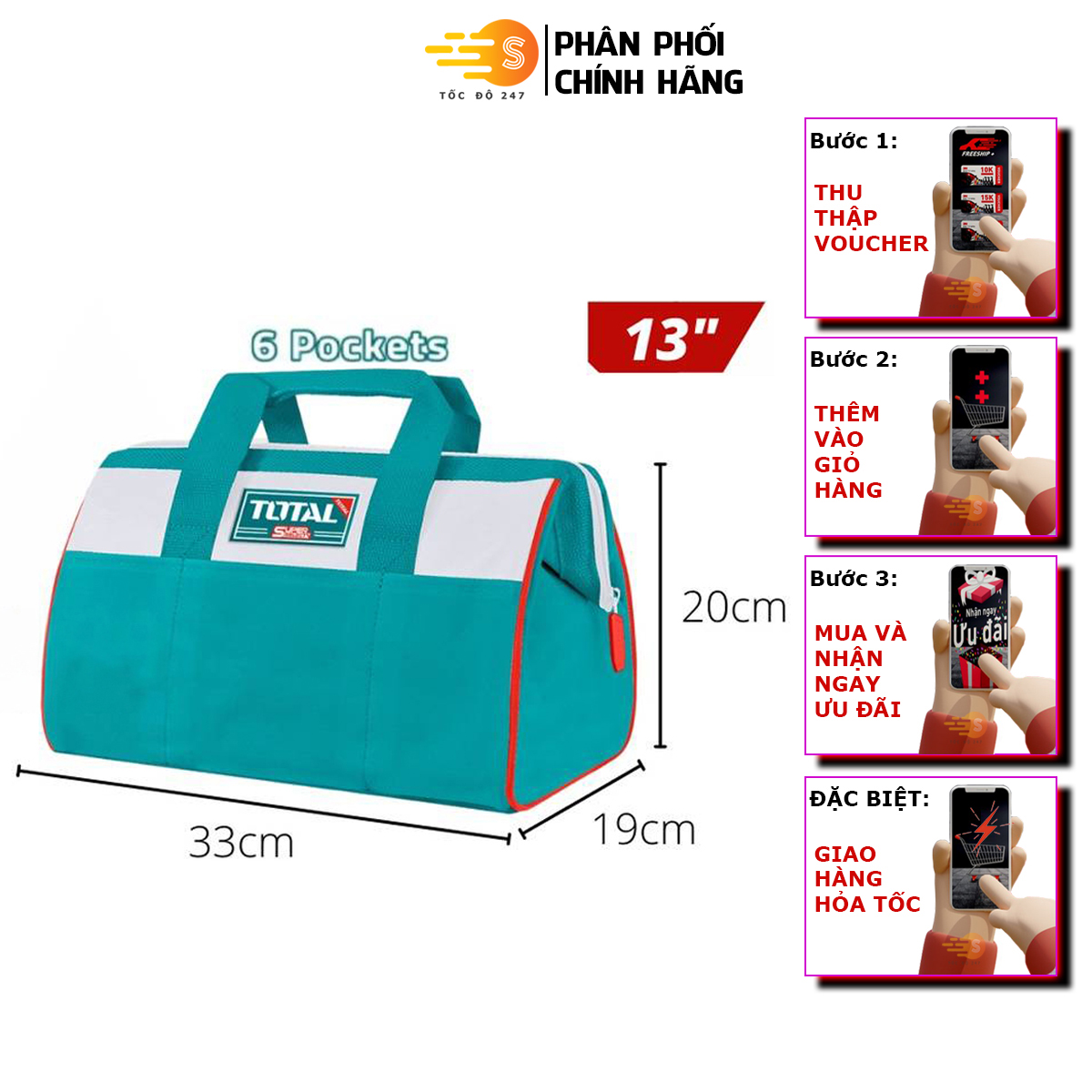 Túi xách đựng dụng cụ đồ nghề total tht261325 , tht261625 - nhiều ngăn chứa, tải trọng lớn, vải polyeste chắc chắn - tốc độ 247
