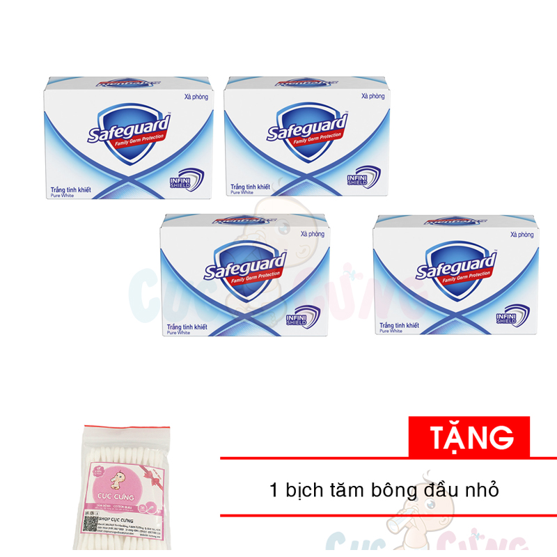 Set 4 xà bông cục - cục xà phòng Safeguard Pure White diệt khuẩn 125g/cục Tặng 1 bịch tăm bông đầu nhỏ