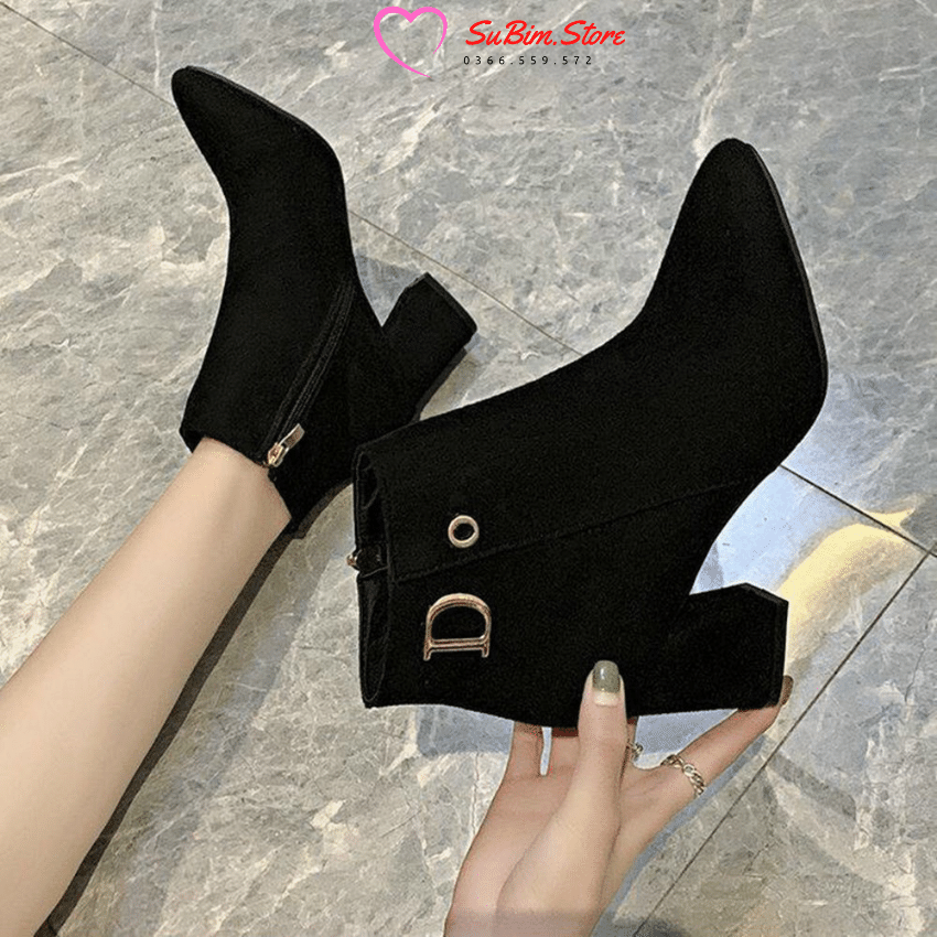Bốt nữ cổ thấp da lộn khoá cạnh tag chữ d o– subim.store – gót vuông 7p, khoá kéo cạnh tiện lợi