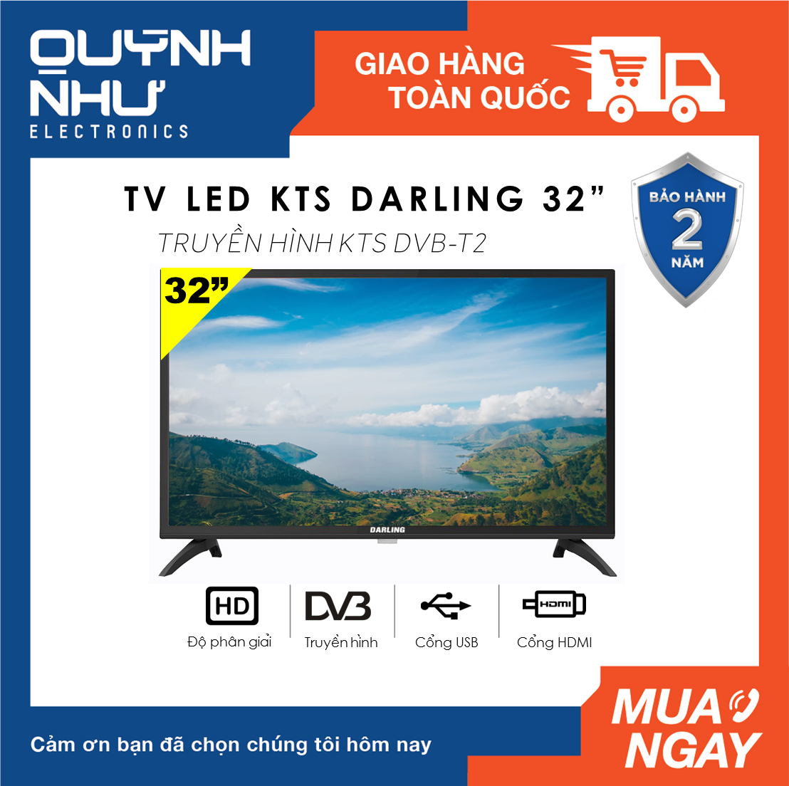 Tivi LED Digital DVB-T2 Darling 32 inch màn hình tràn viền MODEL 32HD962S2 / 32HD964T2 (HD Ready, Dolby Surround, Truyền hình KTS DVB-T2 / DVB-S2, màu đen) - Tivi giá rẻ - Bảo hành toàn quốc 2 năm