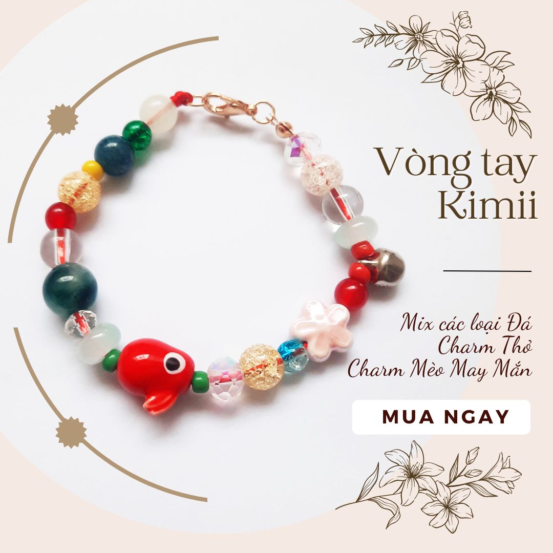 Vòng tay mix các loại đá và Charm Thỏ, Charm Mèo May Mắn V190 Hộp gấm Vòng tay phong thủy