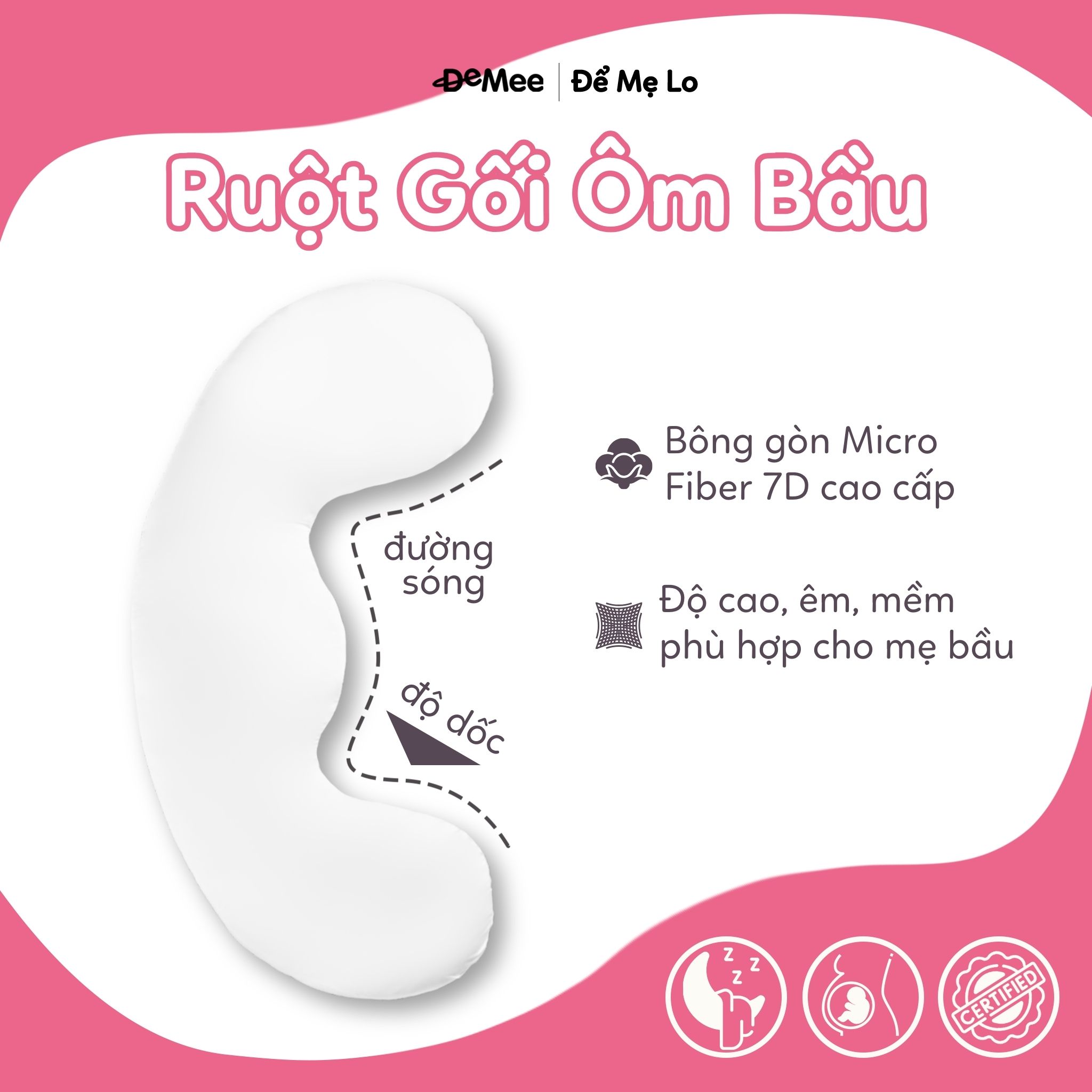 Ruột Gối Ôm Bầu Nâng Đỡ Bụng Đa Năng Cao Cấp Demee Dành Cho Mẹ Bầu - Ruột Gối Ôm Bông Gòn MicroFiber 7D Mềm Mại, Đàn Hồi