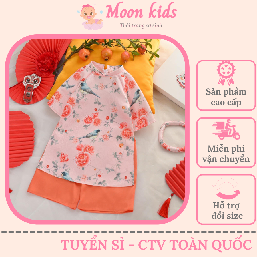 Áo dài cách tân cho bé gái kèm mấn, áo dài bé gái thiết kế gấm hoa, áo dài tết cho bé 7-17kg