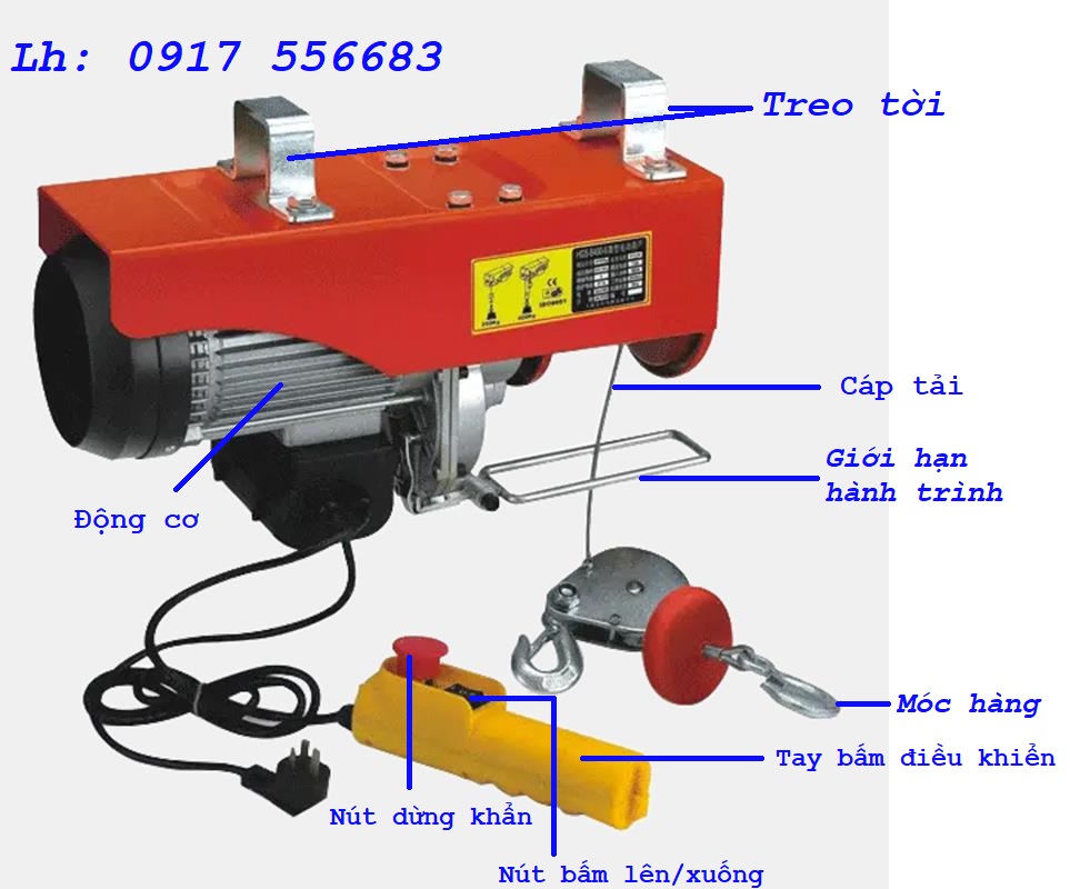 Máy tời điện mini 400kg pa400 cáp dài 20m, điện 1 pha 220v